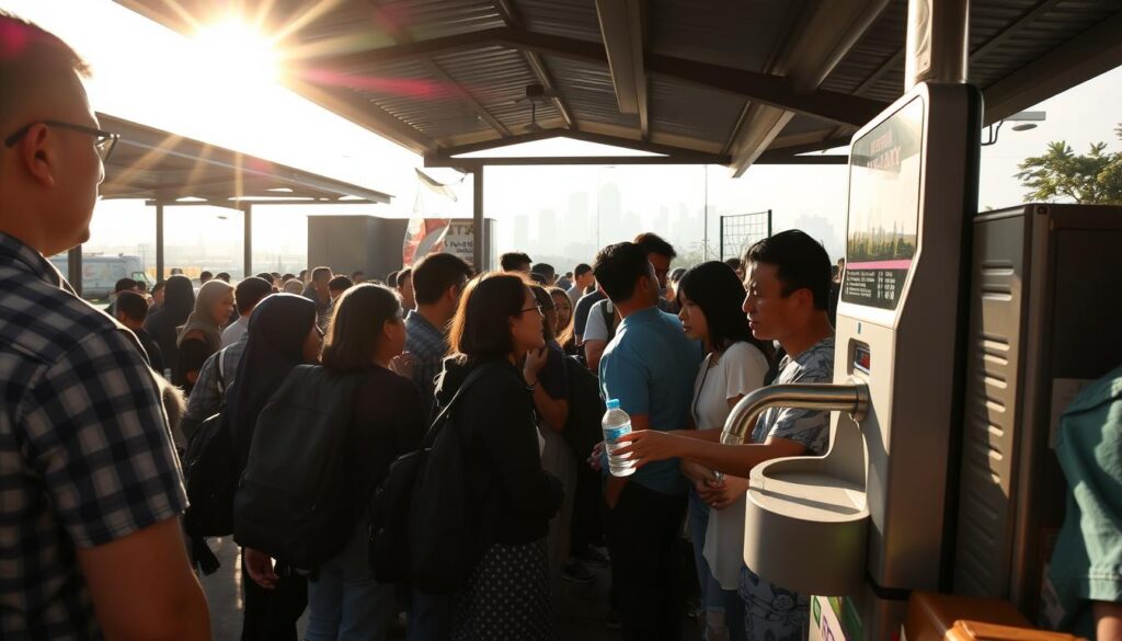Ilustrasi pengisian air refill di halte Transjakarta