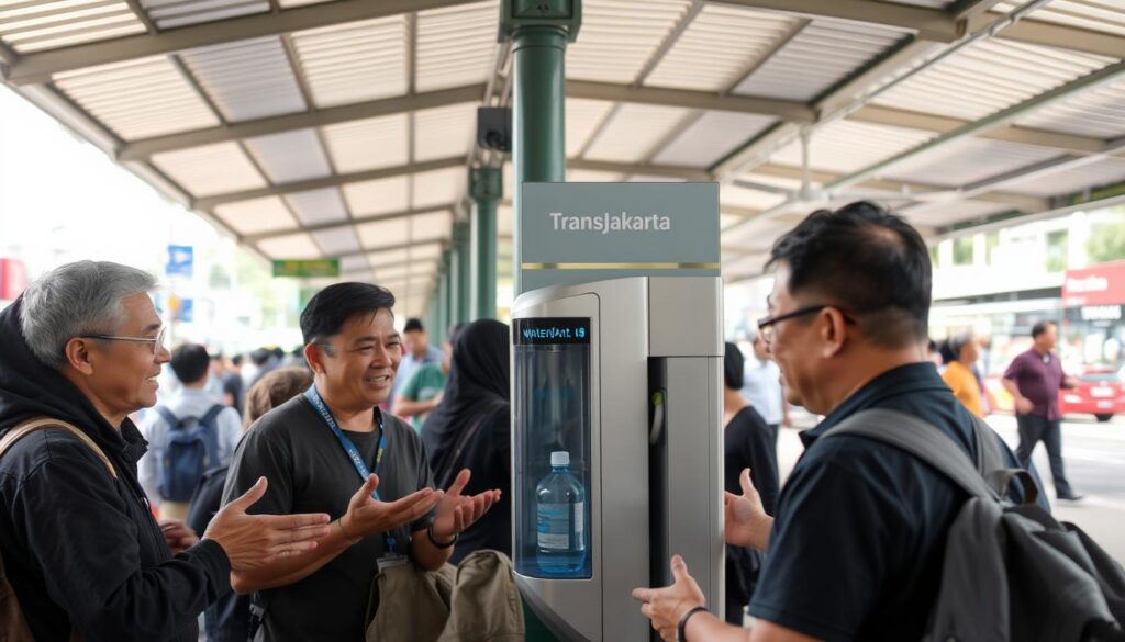 Pengguna memberikan umpan balik tentang layanan air refill di halte TransJakarta