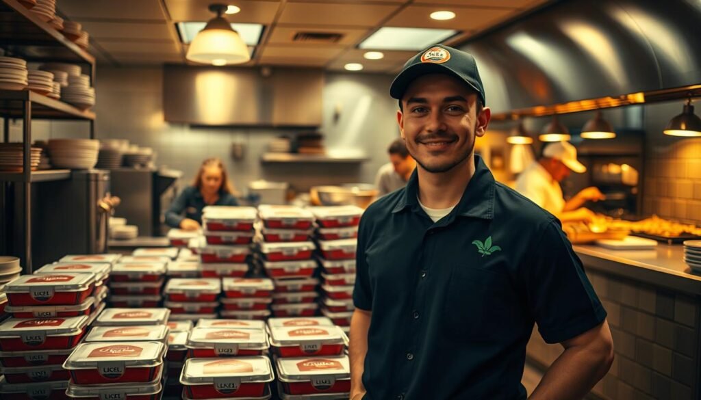 A bustling restaurant kitchen, filled with the aroma of home-cooked meals. In the foreground, a delivery driver standing ready, their uniform crisp and professional. The middle ground showcases an array of neatly packaged takeout containers, their labels displaying the restaurant's logo. In the background, chefs can be seen meticulously preparing dishes, their movements precise and efficient. Warm lighting casts a cozy glow over the scene, conveying a sense of comfort and care. The overall atmosphere exudes a seamless blend of high-quality service and the passion for delicious, homemade cuisine.