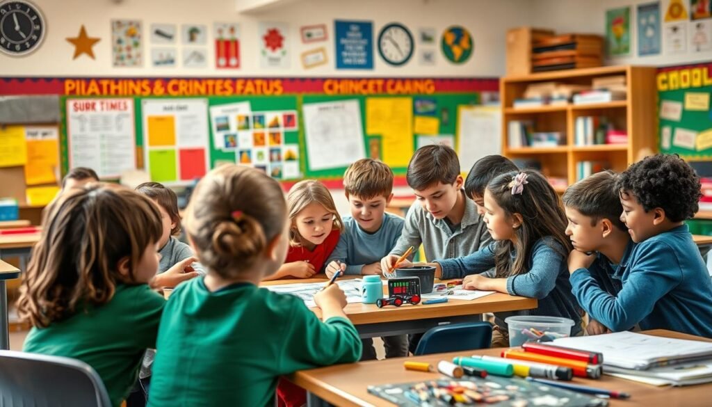 A classroom setting with a group of elementary school students engaged in a collaborative project-based learning activity. The foreground features a diverse group of students brainstorming ideas, sketching designs, and working together on a hands-on task. The middle ground showcases a variety of project materials, tools, and resources available to the students. The background depicts a vibrant, colorful classroom environment with educational posters, interactive displays, and a sense of engaged, creative energy. The lighting is warm and natural, accentuating the students' expressions of curiosity, problem-solving, and teamwork. The overall scene conveys the core concepts of project-based learning: active engagement, experiential learning, and the development of critical thinking and collaborative skills.