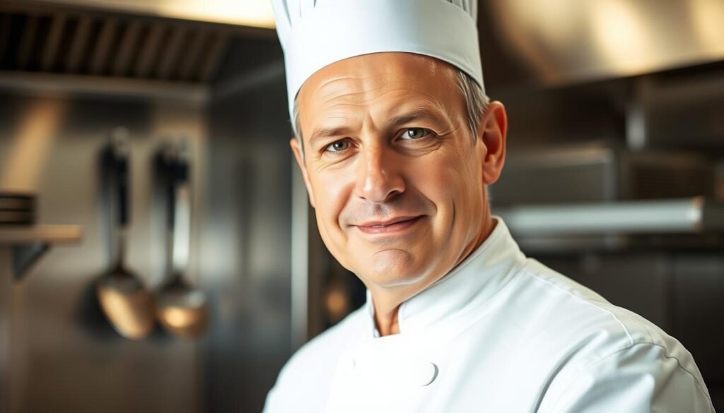 A close-up portrait of the executive chef, a distinguished-looking middle-aged man with a serious yet warm expression. He is wearing a crisp, white chef's coat and toque, standing in a well-lit kitchen with stainless steel appliances and utensils in the background. The lighting casts gentle shadows on his face, highlighting his features and conveying a sense of authority and expertise. The depth of field is shallow, keeping the chef in sharp focus while blurring the background to draw the viewer's attention to his face and upper body. The overall mood is one of professionalism, competence, and pride in the culinary craft.