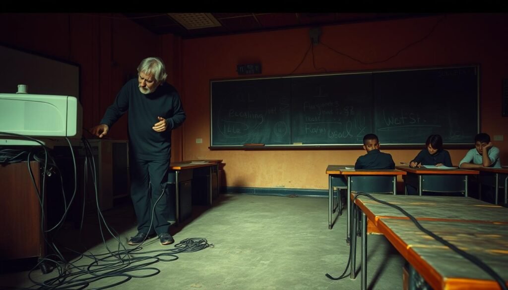 A dimly lit classroom with outdated technology and equipment, conveying the technical challenges faced in education. The foreground shows a teacher struggling to operate an old projector, with cables and cords tangled around their feet. The middle ground features students sitting at desks, their faces obscured by shadows, reflecting the difficulties they encounter in learning. The background depicts a weathered chalkboard, a symbol of the outdated infrastructure plaguing the educational system. The overall scene is bathed in a warm, muted color palette, evoking a sense of frustration and the need for modernization. The lighting is low and dramatic, casting long shadows and emphasizing the technical barriers hindering the learning process.