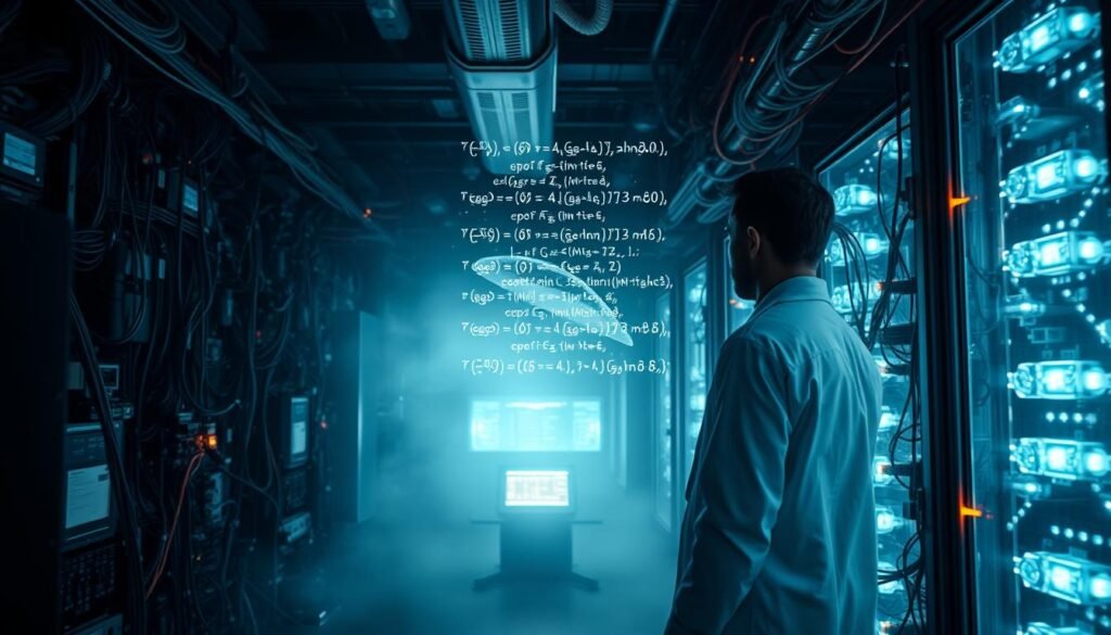 A dimly lit laboratory, filled with intricate quantum computing hardware. In the foreground, a scientist in a white lab coat stands contemplatively, gazing at a holographic display that projects complex mathematical equations. The background is a hazy array of wires, circuits, and glowing quantum devices, creating an atmosphere of scientific exploration and technological advancement. Soft, directional lighting casts dramatic shadows, adding depth and a sense of mystery to the scene. The overall tone is one of innovation, discovery, and the relentless pursuit of knowledge that has defined the history of quantum computing.
