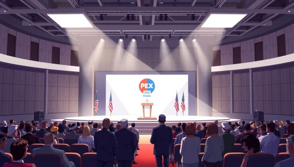 A high-resolution digital illustration depicting the results of a political party leadership election. The scene shows a modern conference hall or convention center, with rows of audience seating facing a large stage. On the stage, a podium stands prominently, with a backdrop displaying the party's logo and colors. Spotlights shine down, illuminating the stage and creating a sense of drama and anticipation. In the foreground, a group of party officials and candidates stand together, expressions ranging from celebratory to contemplative, as they await the announcement of the election results. The overall mood is one of seriousness and significance, reflecting the gravity of the democratic process on display.
