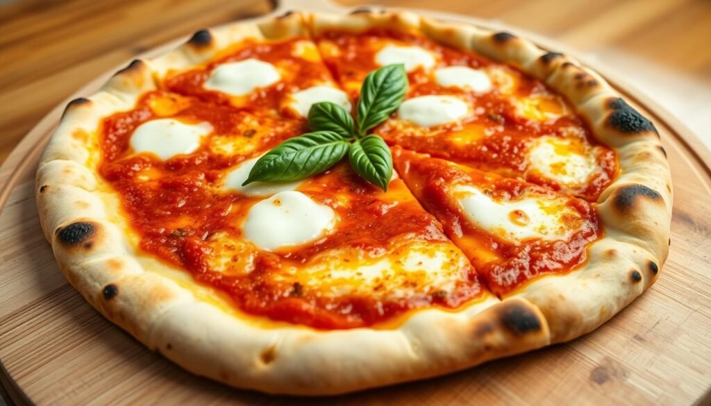 A mouthwatering Neapolitan pizza with a perfect golden-brown crust and a slightly charred, lightly-blistered edge. The dough is expertly stretched, resulting in a soft, chewy center and a delicate, airy crumb. Vibrant San Marzano tomato sauce is spread evenly, topped with fresh, creamy mozzarella cheese and a drizzle of fragrant olive oil. Garnished with a few fresh basil leaves, this pizza exudes the authentic flavors of Napoli. Captured in a warm, natural lighting setup, the pizza is shot from a low angle, emphasizing its tall, impressive crust and making the viewer's mouth water.
