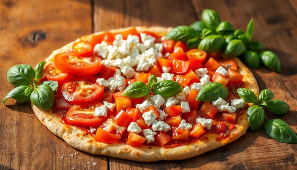 A neatly arranged array of freshly prepared pizza toppings, including sliced tomatoes, diced bell peppers, crumbled feta cheese, and fragrant fresh basil leaves, set against a rustic wooden surface bathed in warm, natural lighting. The toppings are displayed in a visually appealing and appetizing manner, hinting at the care and attention that will be given to the pizza assembly process. The overall scene conveys a sense of culinary expertise and the promise of a delicious, homemade Neapolitan-style pizza.