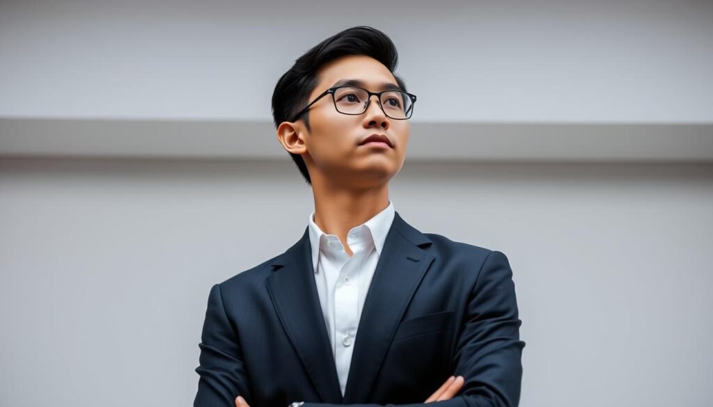 A portrait of a confident, young, Indonesian candidate for the chairperson of the Indonesian Solidarity Party (PSI), captured in a thoughtful, yet determined pose. The subject is dressed in a smart, modern suit, standing in a minimalist, well-lit studio setting, with a neutral background that allows the individual to be the focal point. The lighting is soft and flattering, creating depth and dimensionality, while the camera angle is slightly elevated, conveying a sense of authority and leadership. The overall impression is one of professionalism, charisma, and a commitment to transparent and forward-thinking governance.