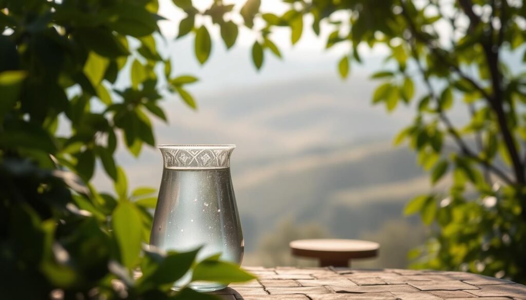 A serene and tranquil outdoor scene, capturing the essence of "Minuman Halalan Thayyiban" in Islamic tradition. In the foreground, a traditional glass or ceramic vessel filled with a clear, refreshing liquid, possibly water or a light, non-alcoholic beverage. Surrounded by lush, verdant foliage, with sunlight filtering through the leaves, casting a warm, natural glow. In the middle ground, a simple yet elegant table or surface, perhaps made of weathered wood, supporting the vessel and accentuating its simplicity. The background features a calming, serene landscape, with rolling hills or a distant vista, conveying a sense of harmony and balance. The overall mood is one of purity, simplicity, and a connection to the natural world, reflecting the principles of Halalan Thayyiban in Islamic culture.