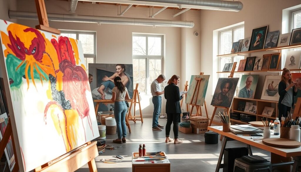 A serene art studio with natural light streaming through large windows, casting warm hues across the spacious room. In the foreground, an easel showcases a vibrant, abstract painting in progress, the artist's brushstrokes and palette knife techniques visible. Arranged around the studio are various art supplies - paintbrushes, paint tubes, and a sculptor's toolkit. In the middle ground, a group of art students intently focus on their own creative projects, immersed in the process of visual expression. The background features shelves displaying finished artworks, ranging from intricate still-life studies to bold, expressive compositions. An atmosphere of creativity, focus, and artistic exploration pervades the scene.