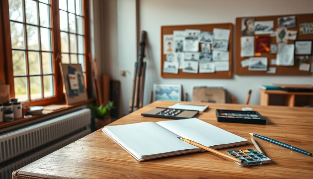 A serene art studio with warm, natural lighting filtering through large windows, casting a soft glow over a well-organized workspace. On a wooden table, an open sketchbook, a palette of vibrant paints, and a delicate paintbrush, hinting at the artistic process. In the background, a wall adorned with inspirational sketches and a corkboard displaying various scholarship opportunities, representing the strategic pursuit of artistic education. The overall atmosphere conveys a sense of focus, creativity, and the determination to succeed in securing an art scholarship.
