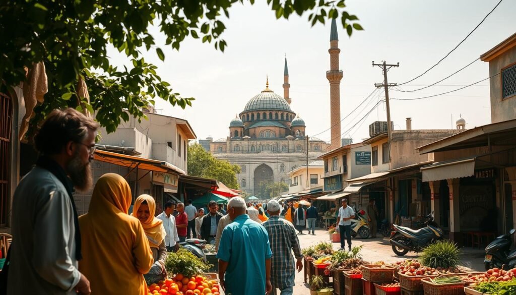 A serene, sun-dappled scene of a bustling Islamic community, where the principles of halalan thayyiban (wholesome and permissible) are deeply woven into daily life. In the foreground, a group of men and women gather around a local market stall, examining the fresh, ethically-sourced produce. The middle ground reveals a vibrant street, lined with modest yet well-maintained shops and homes, their facades adorned with intricate geometric patterns. In the background, a grand mosque with a towering minaret stands as a spiritual and architectural centerpiece, its domed roof glowing in the warm, golden light. The overall atmosphere conveys a sense of harmony, balance, and a deep reverence for the blessings of halal sustenance.
