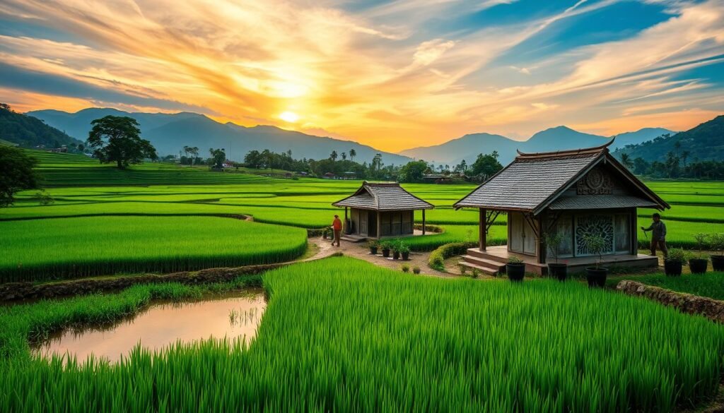 A serene traditional village nestled amidst lush green paddy fields, with a tranquil pond reflecting the vibrant hues of the sky. In the foreground, a group of farmers harmoniously tending to their crops, their movements flowing with the rhythm of the land. The middle ground features a small wooden hut adorned with intricate carvings, symbolizing the deep connection between the local community and their agrarian heritage. In the background, majestic mountains stand as silent witnesses, their peaks shrouded in wispy clouds. The scene is bathed in warm, golden light, casting a sense of timelessness and reverence for the age-old practices of aura farming, a vital part of the local cultural fabric.
