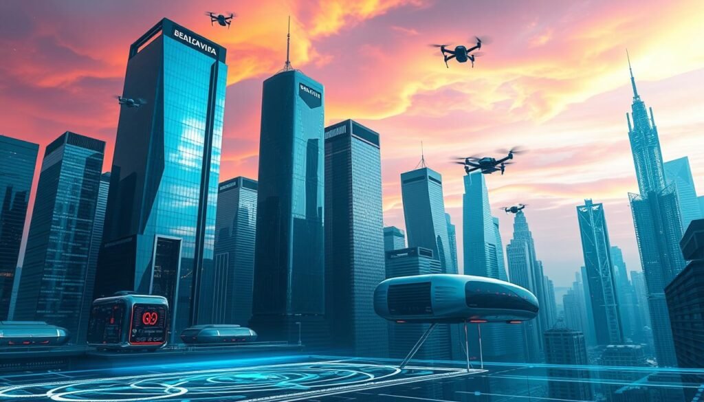 A sleek, futuristic cityscape of towering glass and steel skyscrapers, their surfaces shimmering under the glow of a vibrant, neon-tinged sky. In the foreground, a holographic display projects intricate, ever-evolving data visualizations, casting an ethereal, otherworldly light across the scene. Floating transport pods glide silently between the buildings, while discreet drone sentinels patrol the airspace, monitoring the pulse of this advanced, hyper-connected metropolis. The overall impression is one of technological sophistication, dynamism, and a sense of the profound changes that iai dalwa will bring to the world of tomorrow.