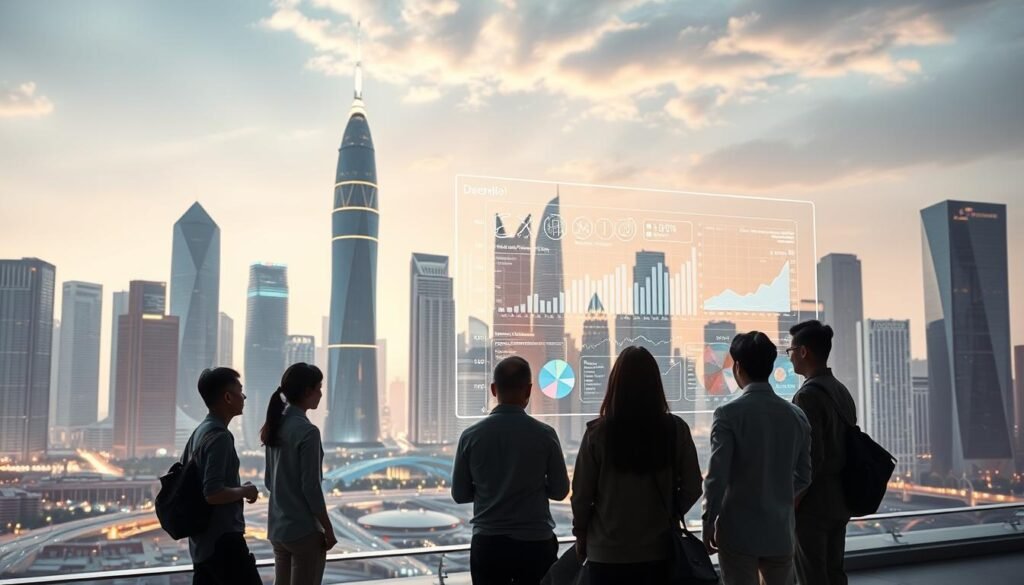 A sleek, futuristic cityscape with towering skyscrapers and gleaming infrastructure. In the foreground, a group of people gathered around a holographic display, intently studying the data and visualizations it presents. The display showcases the seamless integration of artificial intelligence and digital technologies, illustrating the transformative impact of iai dalwa on everyday life. Subtle lighting casts a warm, optimistic glow, conveying a sense of progress and innovation. The overall scene evokes a vision of a thriving, technologically-advanced Indonesia, where iai dalwa has revolutionized industries, empowered communities, and ushered in a new era of prosperity.