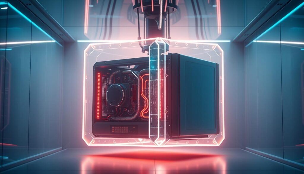 A state-of-the-art quantum computer in a sleek, minimalist design. The device is suspended in a futuristic, crystalline enclosure, illuminated by soft, ambient lighting that casts a mesmerizing glow. The internal components are visible through the transparent panels, revealing the intricate quantum circuits and cryogenic cooling systems that enable its groundbreaking computational power. The overall scene conveys a sense of technological sophistication and the promise of a quantum-powered future, perfectly capturing the essence of "Komputasi Kuantum: Teknologi Masa Depan yang Mendekat".