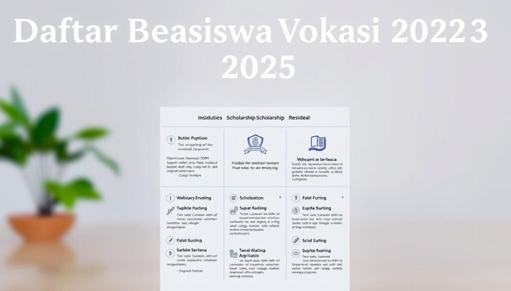 A stylish and informative image of "Daftar Beasiswa Vokasi 2025". The foreground features a clean, minimalist layout showcasing a selection of scholarship opportunities, each presented with concise title, institution logo, and relevant details. The middle ground includes elegant icons and infographic elements to visually highlight key information. The background has a soft, blurred gradient in calming, professional colors, setting an educational yet visually appealing tone. Lighting is soft and even, with a camera angle that provides a clear, organized overview. The overall composition conveys a sense of accessibility, guiding the viewer through the available scholarship options in a visually compelling manner.
