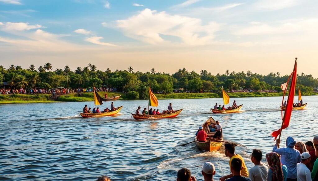 A vibrant Pacu Jalur race unfolding along the tranquil Siak River in Riau, Indonesia. In the foreground, traditional wooden boats with ornate carvings and vibrant sails glide across the shimmering water. Spectators line the riverbanks, dressed in colorful Malay attire, capturing the energy and excitement of this centuries-old tradition. In the middle ground, the lush, verdant landscape frames the scene, while the background features a clear sky dotted with wispy clouds, creating a serene and picturesque atmosphere. The image is bathed in warm, golden lighting, emphasizing the rich cultural heritage and natural beauty of the Melayu Riau region.