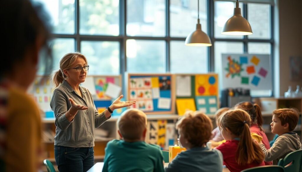 A vibrant classroom setting, with a teacher standing in the foreground, facilitating a project-based learning session. The teacher's expression is one of engaged guidance, hands outstretched, encouraging a group of attentive students gathered around a table, immersed in collaborative work. The backdrop features colorful displays of student artwork and educational materials, conveying a creative and stimulating learning environment. Soft, warm lighting casts a pleasant glow, and the composition is framed by large windows, suggesting an open, airy space that promotes exploration and discovery. The overall scene radiates a sense of dynamic, student-centered learning and the pivotal role of the teacher in cultivating a creative PjBL experience.