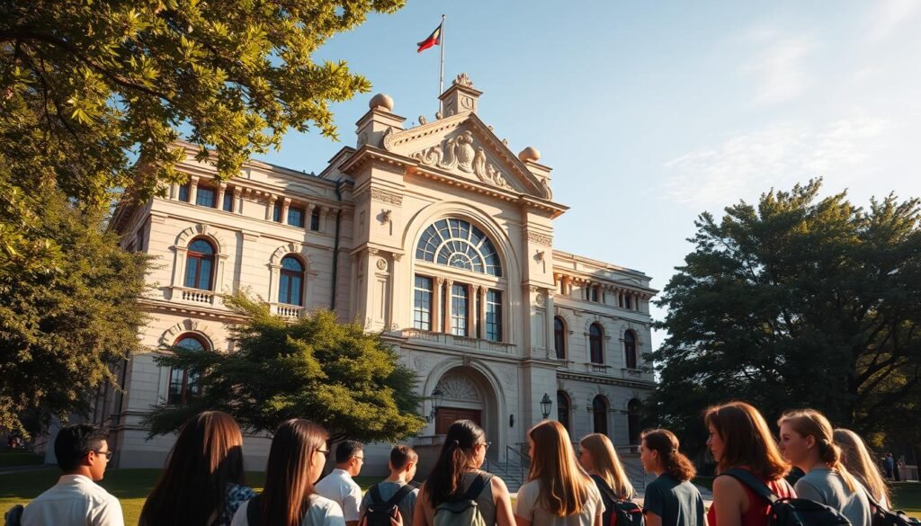 An ornate, majestic city hall building with grand arched windows and intricate facade details, set against a backdrop of lush green trees and a clear blue sky. The scene has a sense of civic pride and governmental authority, conveying the city's commitment to education. The lighting is warm and golden, creating a welcoming atmosphere. In the foreground, students and teachers are gathered, engaged in discussion, symbolizing the collaborative nature of the city's educational policies. The overall composition suggests a harmonious balance between governmental leadership and community involvement in shaping educational programs.