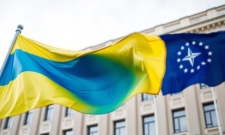 Bendera Ukraina berkibar di depan gedung pemerintahan dengan latar belakang Politik Luar Negeri Ukraina