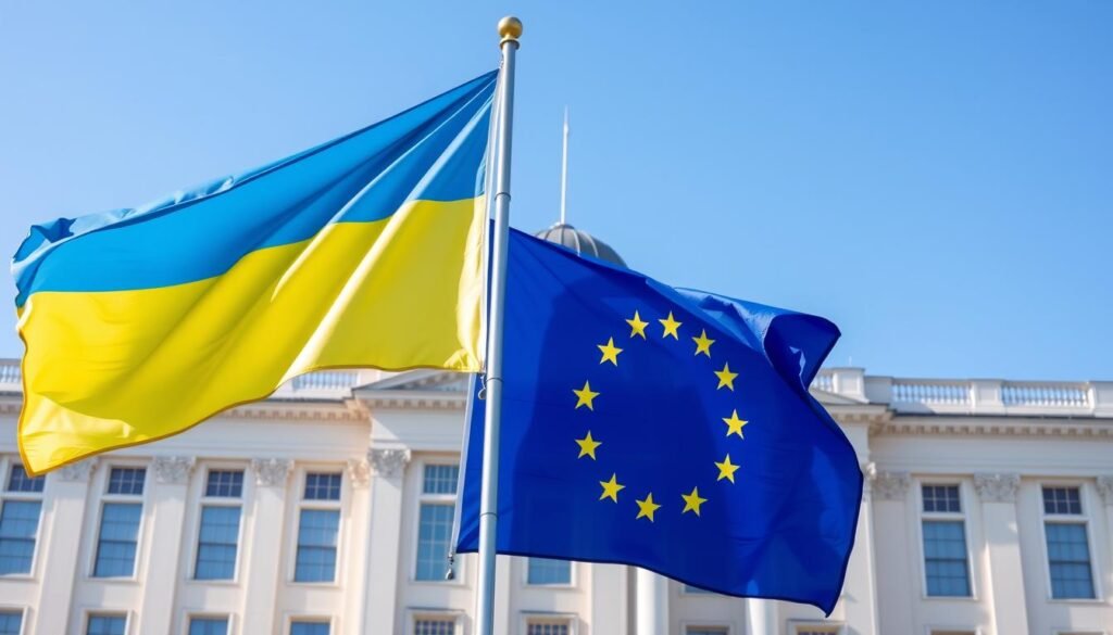 Bendera Ukraina dan Uni Eropa berkibar bersama di Kyiv, simbol Politik Luar Negeri Ukraina yang baru Bendera Ukraina dan Uni Eropa berkibar bersama di Kyiv, simbol Politik Luar Negeri Ukraina yang baru