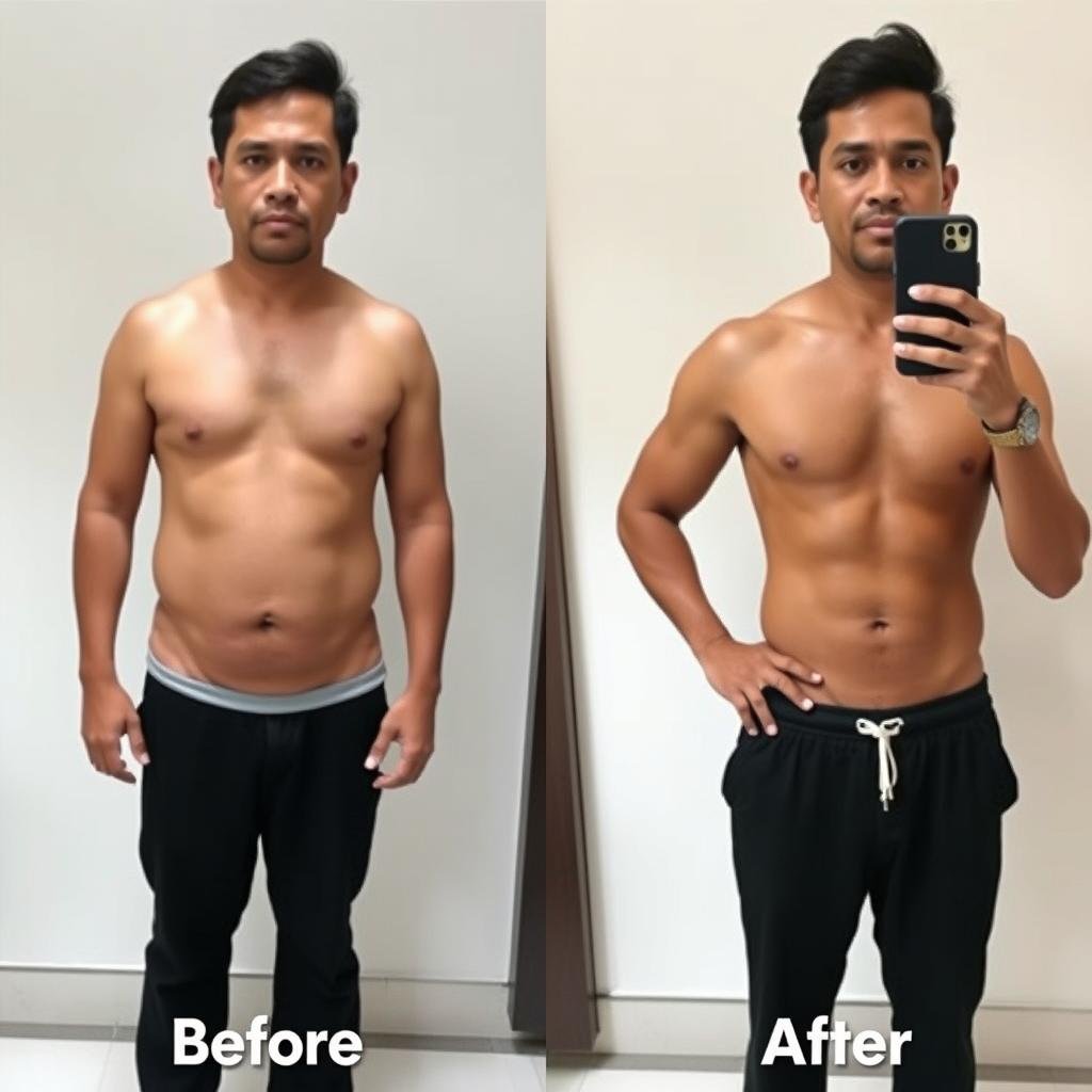Foto Budi sebelum dan sesudah menerapkan kebiasaan olahraga harian yang terstruktur