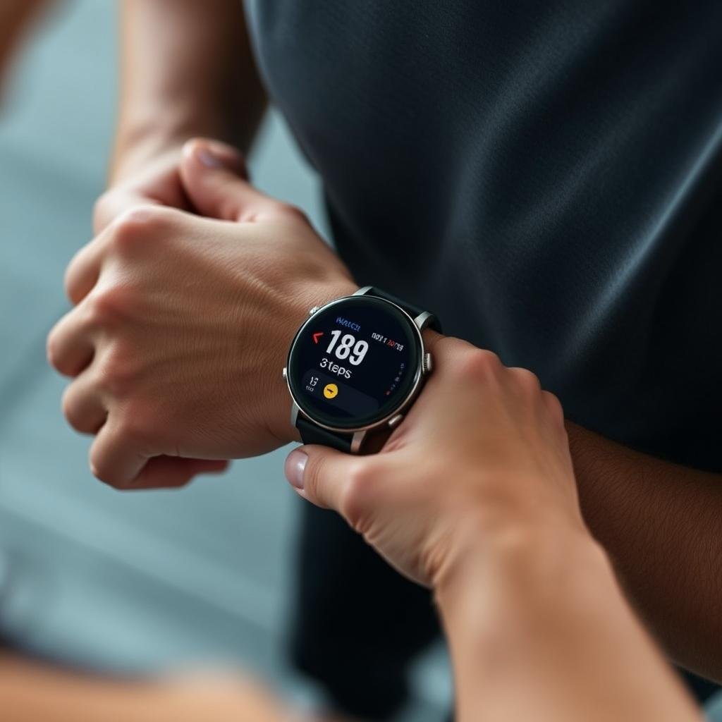 Seseorang menggunakan smartwatch untuk melacak aktivitas olahraga harian