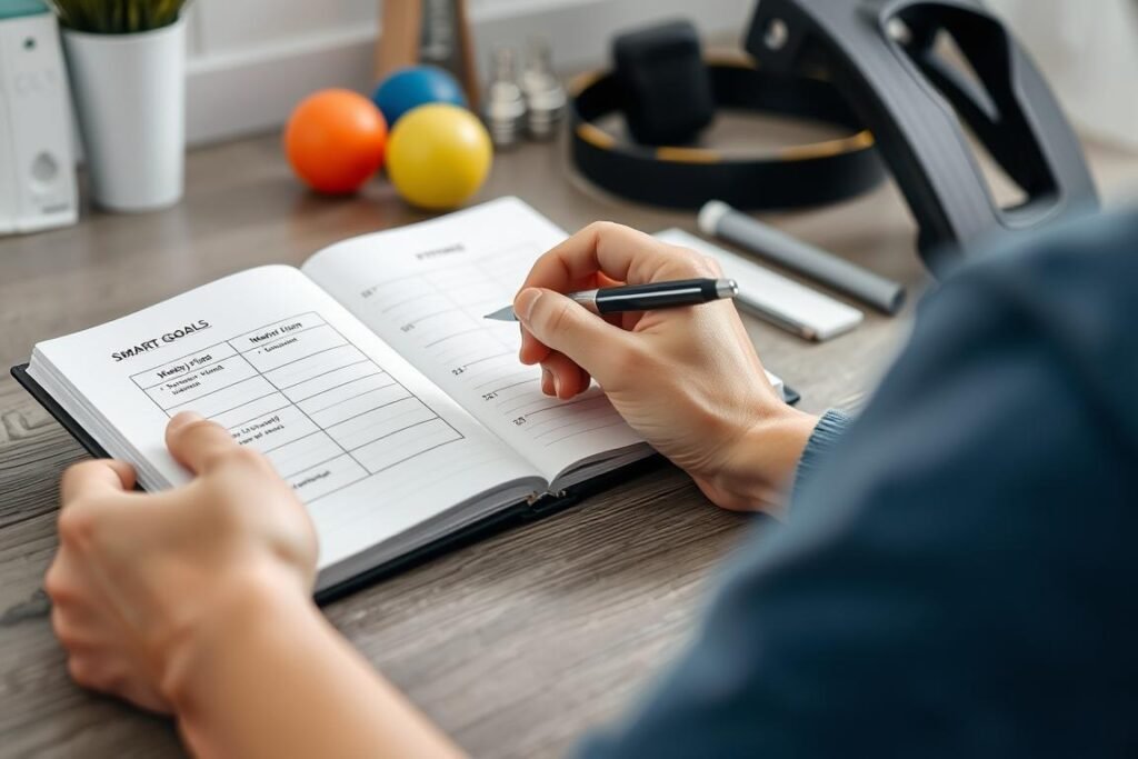 Seseorang sedang mencatat rencana olahraga mingguan dengan prinsip SMART
