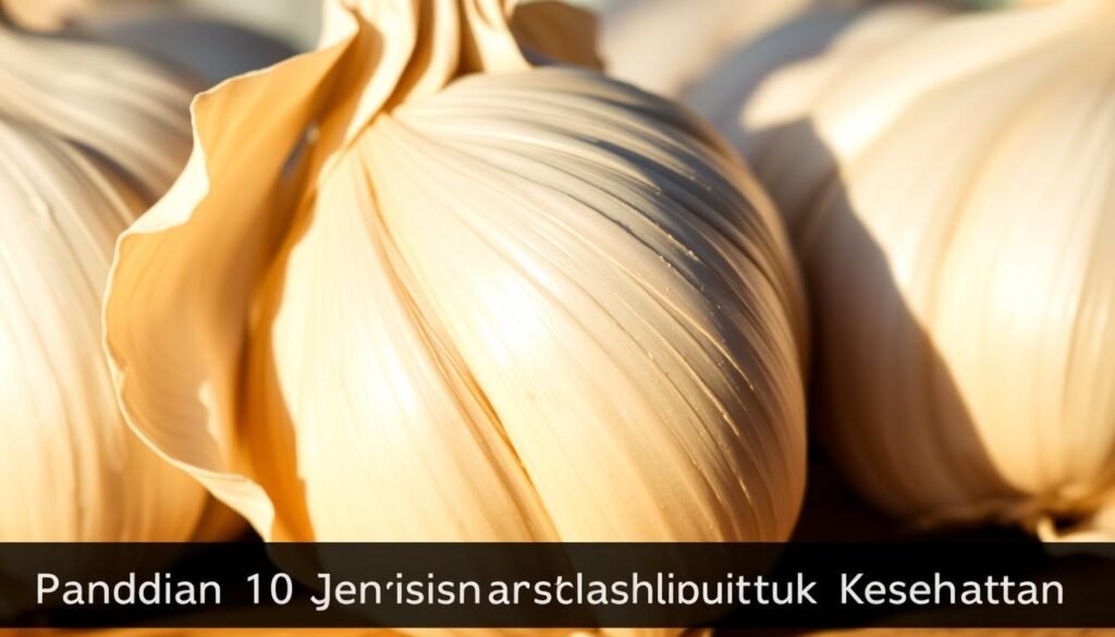 A close-up shot of a fresh, vibrant white garlic bulb with its papery outer skin partially peeled away, revealing the individual cloves within. The garlic is illuminated by warm, directional lighting, casting subtle shadows that accentuate its textural details. The background is blurred, creating a focus on the intricate structure and natural beauty of this versatile medicinal plant. The image conveys the purity, potency, and wholesome qualities of this herbal remedy, making it an ideal visual representation for the "Bawang Putih" section of the "Panduan 10 Jenis Tanaman Obat Herbal untuk Kesehatan" article.