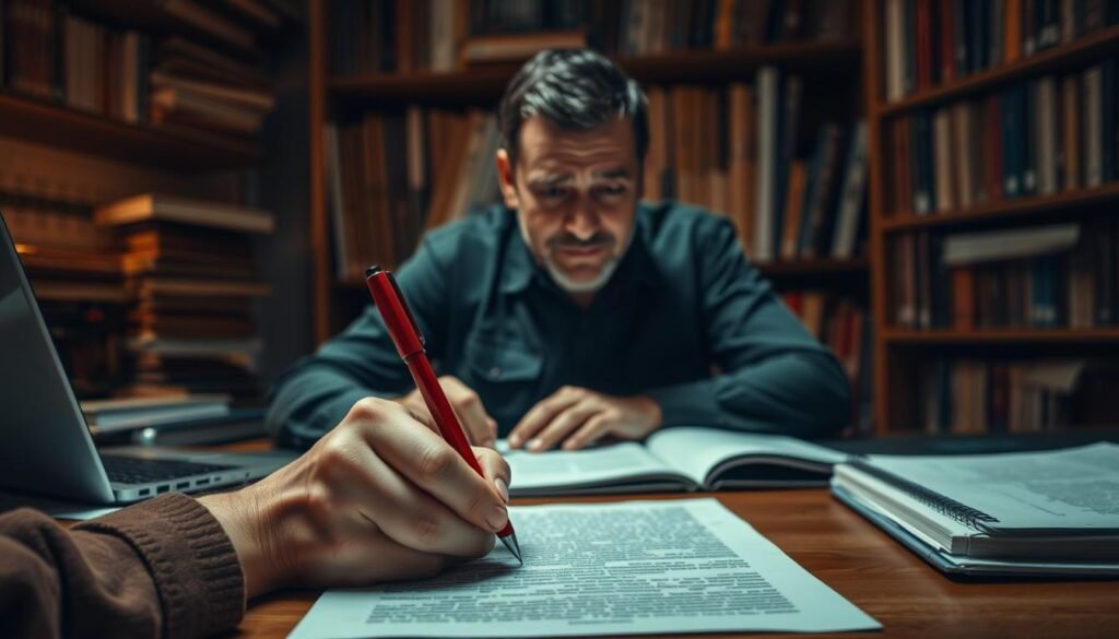A dimly lit academic setting, a wooden desk cluttered with papers, books, and a laptop. In the foreground, a professor's hand holds a red pen, poised to provide detailed feedback on a student's research paper. The middle ground reveals the furrowed brow of the professor, deep in contemplation, their expression conveying the weight of their responsibility to guide and nurture the academic growth of their pupil. In the background, shelves of reference materials loom, casting a somber, introspective mood, emphasizing the importance of this exchange of knowledge. Soft, warm lighting creates a pensive atmosphere, underscoring the significance of the "umpan balik" process - the essential feedback loop that elevates scholarly work.