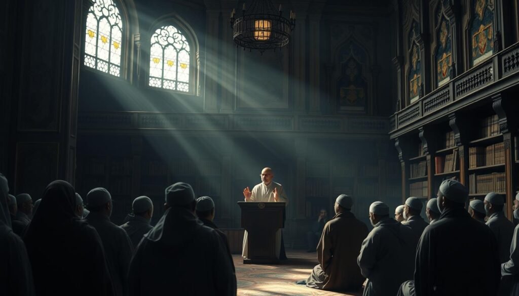 A dimly lit, ornate interior of an Islamic educational institution, with intricate architectural details and a sense of reverence. In the foreground, a group of students in traditional garb engaged in lively discussion, their faces illuminated by soft, natural light filtering in through stained glass windows. In the middle ground, a professor in flowing robes stands before a podium, gesturing as they impart knowledge. The background is hazy, conveying a sense of contemplation and scholarly pursuit, with shelves of ancient tomes lining the walls. The scene exudes a timeless, meditative atmosphere, evoking the weight and importance of Islamic legal education in the pursuit of social justice.
