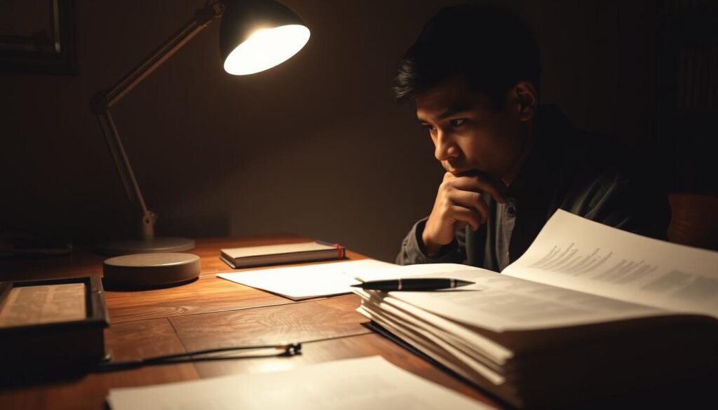A dimly lit workspace, a wooden desk illuminated by a single task lamp, casting a warm glow. On the desk, a stack of papers, a pen, and a thoughtful academic expression on the face of a person deep in contemplation. The background is slightly blurred, hinting at the solitude and focus required for crafting a strong conclusion to a scholarly work. The overall mood is one of contemplation and intellectual rigor, capturing the essence of "Menyusun Kesimpulan yang Lemah" within the broader context of "Kesalahan Umum Penulisan Karya Ilmiah di Indonesia".