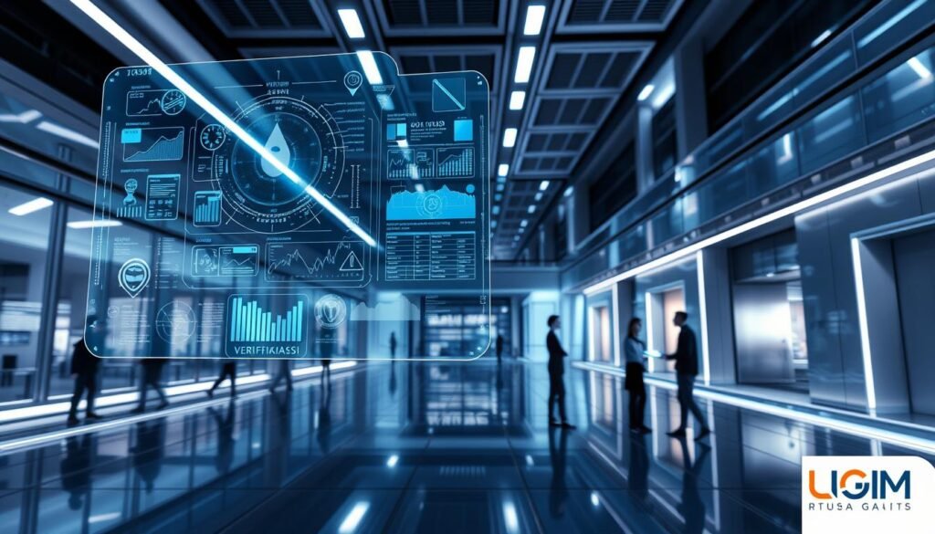 A dynamic, futuristic scene depicting the "Teknologi Verifikasi" system. In the foreground, a holographic interface hovers, showcasing intricate data visualizations and verification processes. Figures in the middle ground interact with the system, carefully examining and validating information. In the background, a sleek, high-tech facility with gleaming metallic surfaces and subtle lighting casts an aura of innovation and technological advancement. The scene conveys a sense of efficiency, precision, and a commitment to data integrity, reflecting the role of UGM in driving educational innovation.