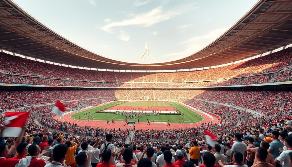 A grand stadium filled with cheering crowds, the 1962 Asian Games in Jakarta showcasing the athletic prowess of the continent. In the foreground, graceful athletes competing in a variety of sports, their movements captured in a seamless blur of action. The midground features spectators in vibrant, traditional attire, waving flags and banners to support their nations. In the background, the iconic architecture of the stadium rises majestically, bathed in the warm glow of the afternoon sun. The scene radiates a sense of national pride, international unity, and the thrill of competition, reflecting the significance of this historic event in Indonesia's sporting legacy.