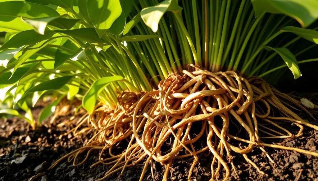 A lush, verdant close-up of the Akar Manis plant, its thick, succulent roots protruding from the dark, nutrient-rich soil. The leaves are a vibrant, glossy green, their delicate edges swaying gently in a soft, natural breeze. Dappled sunlight filters through the canopy, casting a warm, golden glow over the scene. The plant's intricate, fibrous root system takes center stage, its woody tendrils twisting and curling, a testament to the plant's resilience and medicinal properties. The overall composition evokes a sense of harmony and balance, showcasing the beauty and potential of this herbal remedy.