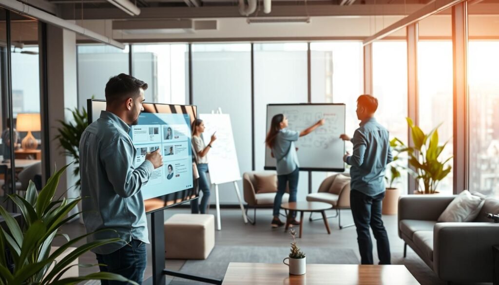 A modern office interior with a team of UI/UX designers collaborating on a digital project. In the foreground, a designer reviews wireframes on a large touchscreen display, while their colleagues brainstorm ideas on a whiteboard in the middle ground. The background features sleek furniture, potted plants, and floor-to-ceiling windows that let in warm, natural lighting. An atmosphere of creativity, innovation, and professionalism pervades the scene, reflecting the dynamic and rewarding career prospects of UI/UX design in Indonesia.