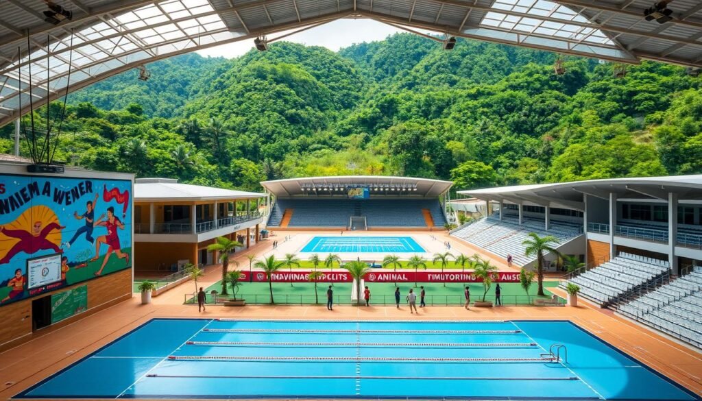 A modern sports complex nestled in the lush greenery of Indonesia, with state-of-the-art facilities for various disciplines. In the foreground, a well-equipped gymnasium with high ceilings and natural lighting, its walls adorned with vibrant murals celebrating the country's athletic heritage. In the middle ground, an Olympic-size swimming pool shimmering under the warm tropical sun, surrounded by spectator stands. In the background, a sprawling multi-purpose stadium, its sleek architecture blending seamlessly with the verdant landscape. The scene exudes a sense of pride, progress, and a deep commitment to nurturing Indonesia's sports culture and fostering future champions.