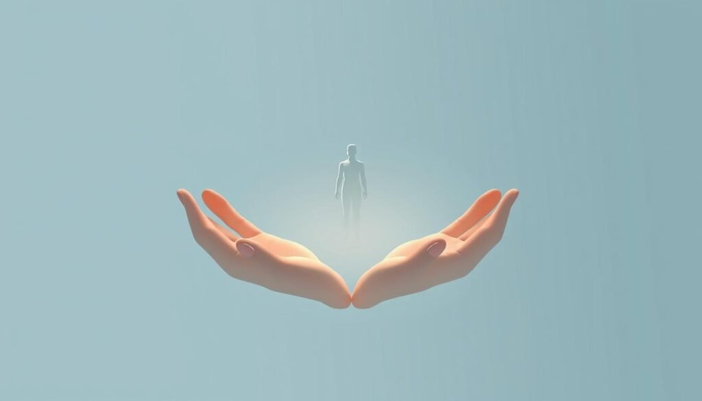 A serene, minimalist illustration depicting the concept of "Hak Asasi Manusia" (Human Rights). In the foreground, a pair of open, outstretched hands symbolize the protection and preservation of fundamental human rights. The hands are rendered in a soft, ethereal light, conveying a sense of compassion and care. In the middle ground, a stylized figure representing humanity stands tall, their pose exuding dignity and resolve. The background features a muted, calming palette of blues and grays, creating a tranquil, contemplative atmosphere. The overall composition evokes a sense of harmony, justice, and the unwavering commitment to safeguarding the inalienable rights of all people.