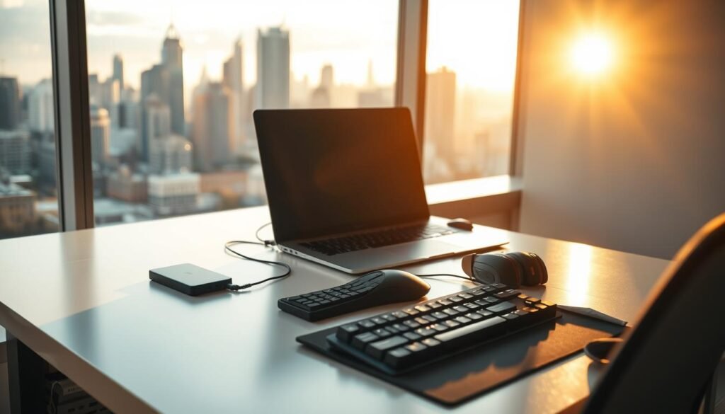 A serene, well-lit office scene with a desk, chair, and a laptop computer. On the desk, various gaming accessories are neatly arranged, including a high-end gaming mouse, a mechanical keyboard, and a sleek pair of gaming headphones. The background features a large window overlooking a bustling city skyline, bathed in warm, golden light. The overall atmosphere conveys a sense of focus, productivity, and the potential for financial success through strategic game-related endeavors. The lighting is soft and natural, creating a professional and inviting ambiance.