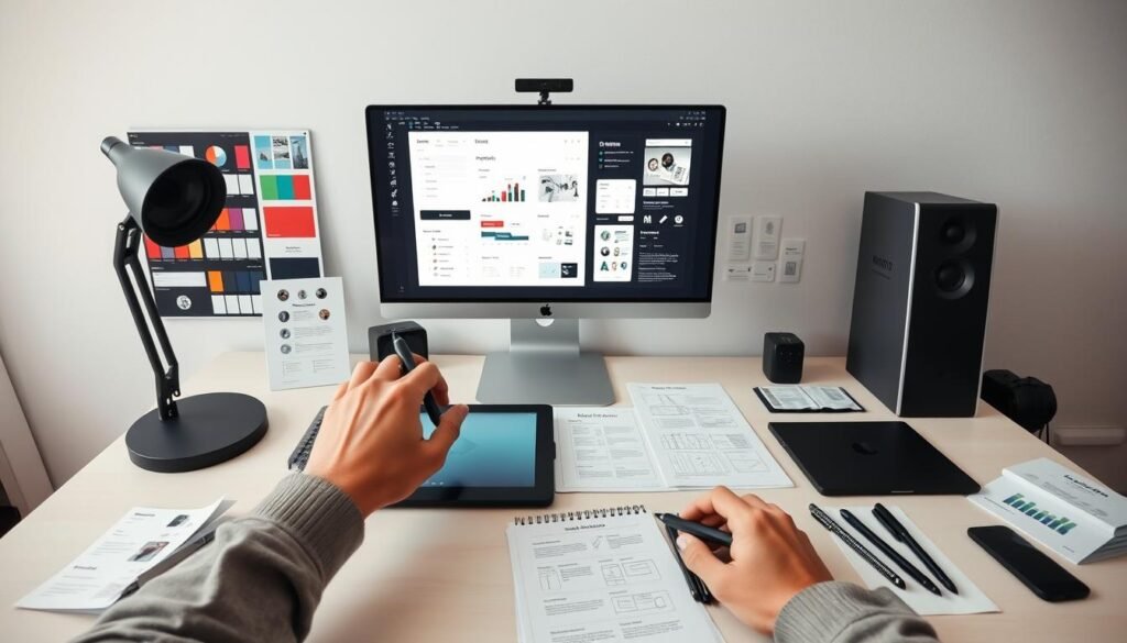 A well-lit and neatly organized UI/UX designer's workspace, with a large monitor displaying a sleek and modern user interface design. On the desk, various design tools are artfully arranged, including a graphics tablet, a digital pen, and a sketchpad. The foreground features the designer's hands, skillfully manipulating the design elements on the screen. The middle ground showcases an array of design resources, such as color palettes, wireframes, and user flow diagrams. The background softly fades into a clean, minimalist environment, with hints of geometric shapes and subtle textures, creating a sense of focus and creativity.