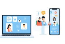 Ilustrasi platform pendidikan daring Indonesia dengan tampilan aplikasi pada laptop dan smartphone