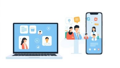 Ilustrasi platform pendidikan daring Indonesia dengan tampilan aplikasi pada laptop dan smartphone