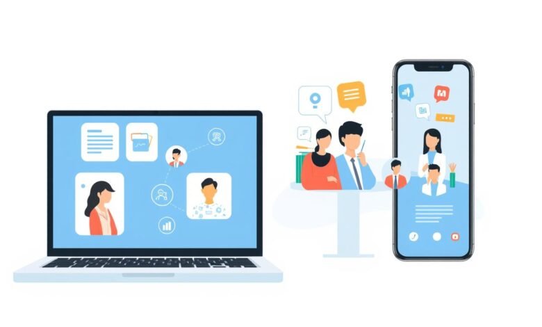 Ilustrasi platform pendidikan daring Indonesia dengan tampilan aplikasi pada laptop dan smartphone