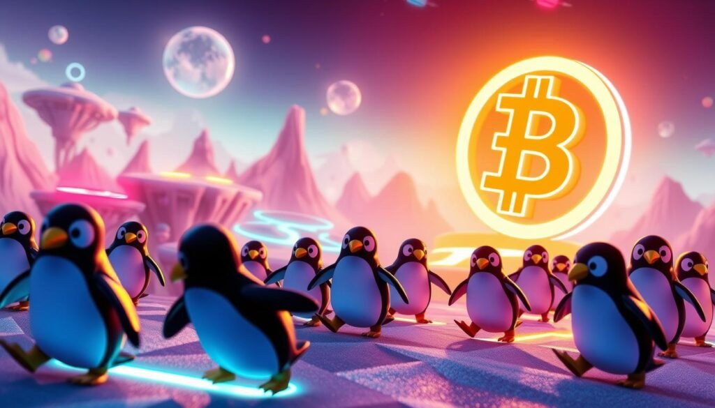 Prompt A vibrant and dynamic scene depicting a penguin-themed NFT game. In the foreground, a group of playful penguin avatars engage in a captivating game, their movements fluid and lifelike. The middle ground showcases a futuristic, neon-infused landscape, with floating islands and glowing pathways, hinting at the game's technologically advanced setting. In the background, a shimmering cryptocurrency symbol casts a warm, ambient glow, symbolizing the financial potential of this NFT-powered gaming experience. The scene is illuminated by a soft, directional light, creating depth and a sense of immersion. The overall mood is one of excitement, innovation, and the promise of earning rewards through skillful gameplay.