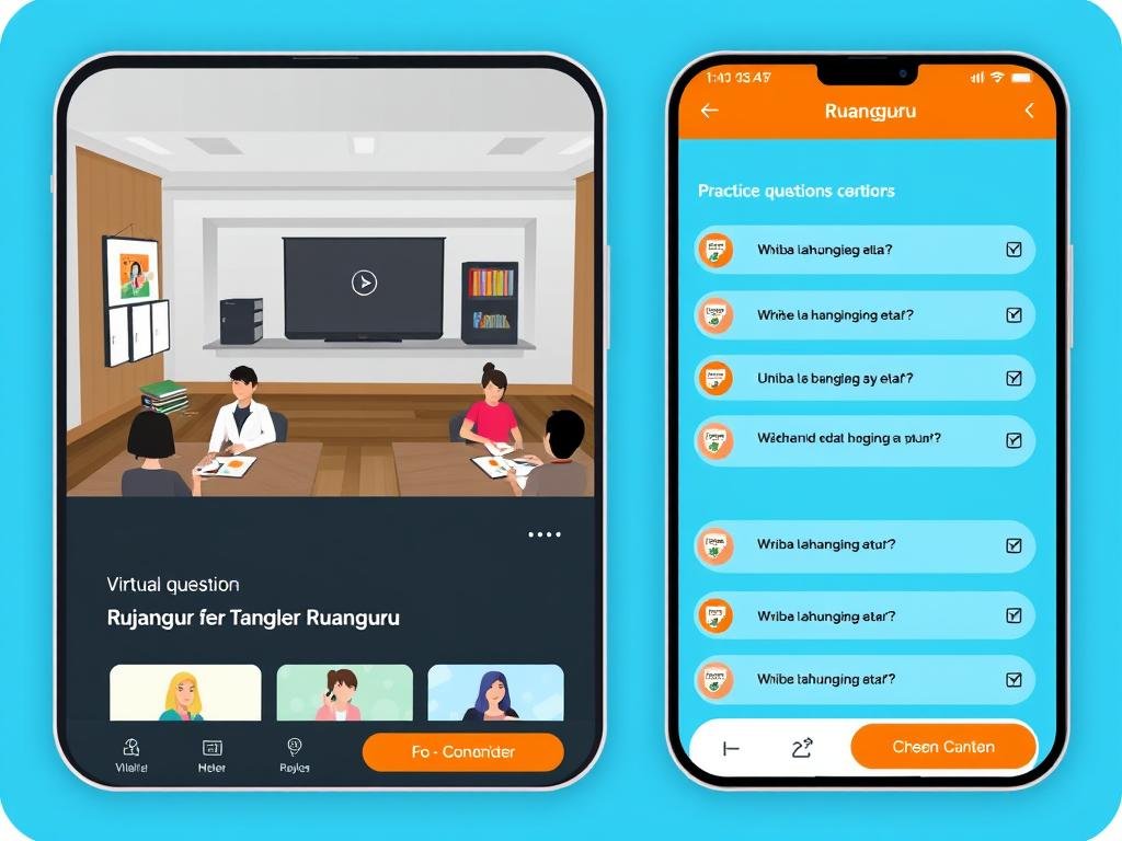 Tampilan aplikasi Ruangguru dengan fitur kelas virtual dan latihan soal platform pendidikan daring Indonesia Tampilan aplikasi Ruangguru dengan fitur kelas virtual dan latihan soal platform pendidikan daring Indonesia