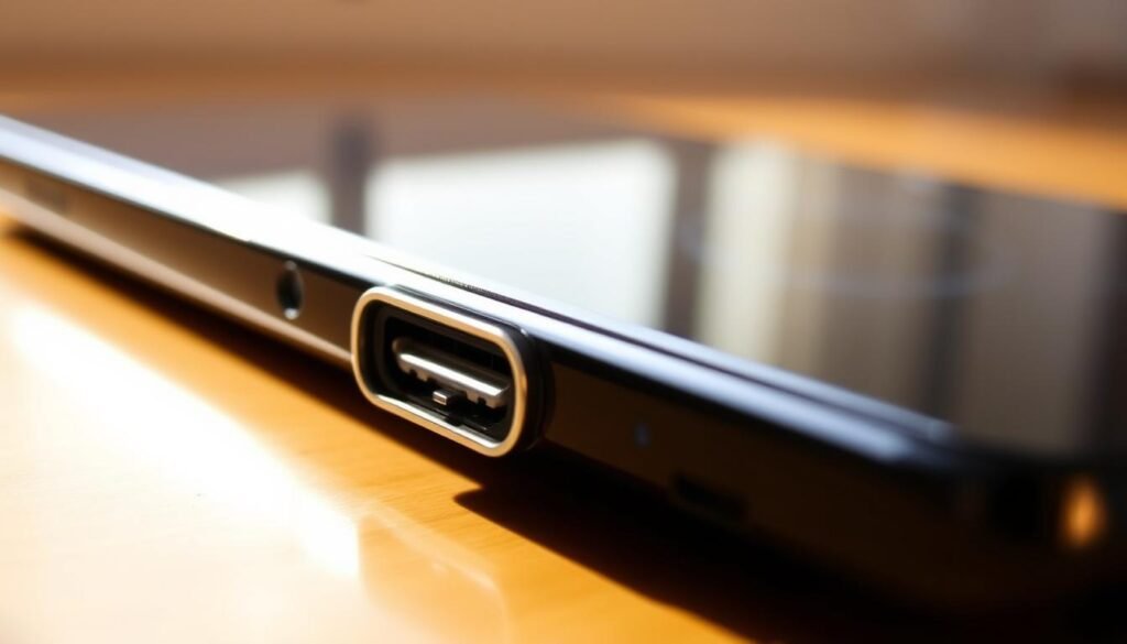 A close-up view of a USB-C port on a sleek, modern smartphone, with the DisplayPort logo prominently displayed. The port is rendered in high detail, with a metallic sheen and precise contours. The background is blurred, placing the focus on the technical specifications of the connector. Warm, natural lighting illuminates the scene, creating a sense of clarity and professionalism. The image conveys the idea of a straightforward, informative visual guide to identifying DisplayPort support on Android devices.