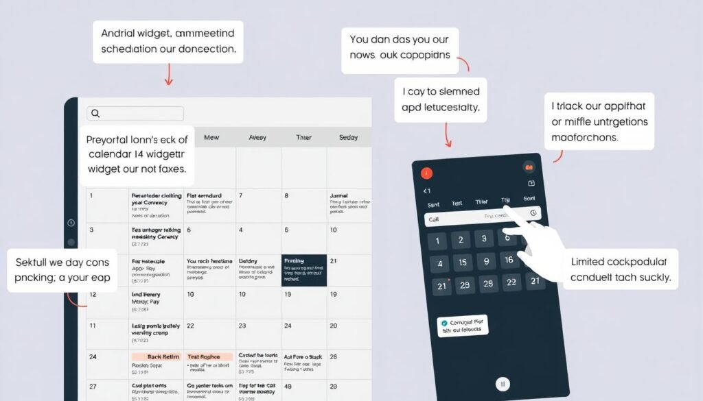 A digital illustration depicting the common problems faced when using a calendar widget on an Android 14 device. In the foreground, a user interacts with a calendar widget, encountering various issues such as difficulty scheduling meetings, lack of integration with other apps, and limited customization options. The middle ground showcases a grid of calendar entries, some of which are misaligned or overlapping, highlighting the organizational challenges. In the background, a stylized Android 14 interface provides context, with muted colors and a minimalist design. The overall scene conveys a sense of frustration and the need for a solution to optimize the calendar widget experience.