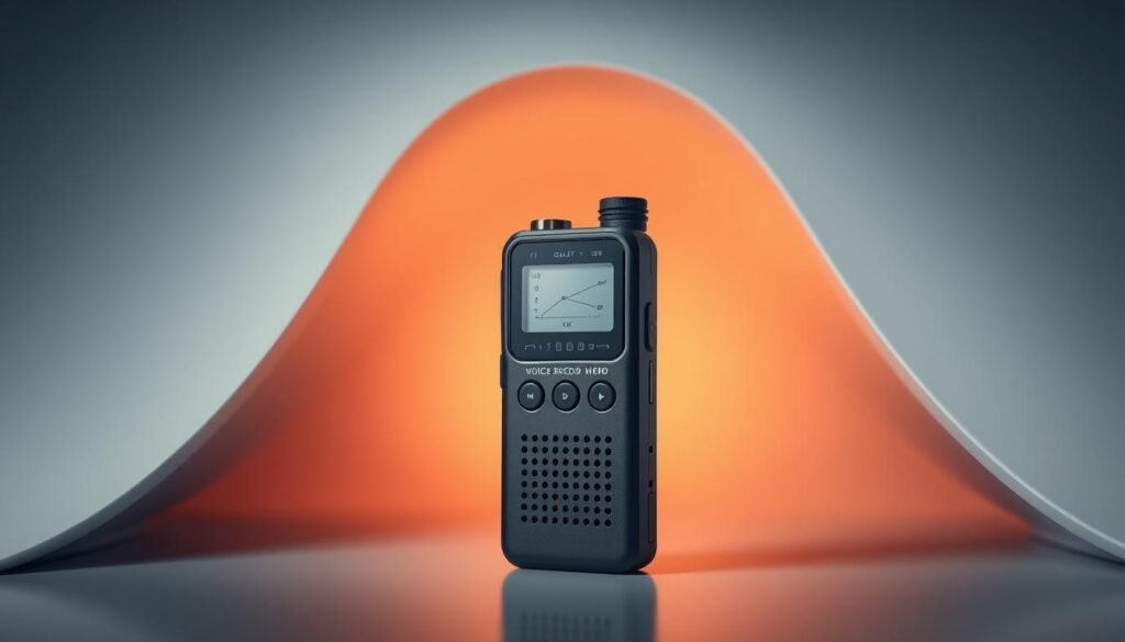 A high-quality, professional voice recorder showcased in a sleek, modern setting. The device is prominently displayed, its minimalist design and intuitive controls emphasizing its ease of use. Soft, directional lighting illuminates the recorder, creating a warm, inviting atmosphere. The background is clean and uncluttered, allowing the product to take center stage. The overall composition conveys a sense of sophistication and efficiency, reflecting the device's capabilities as a top-of-the-line voice recording solution.