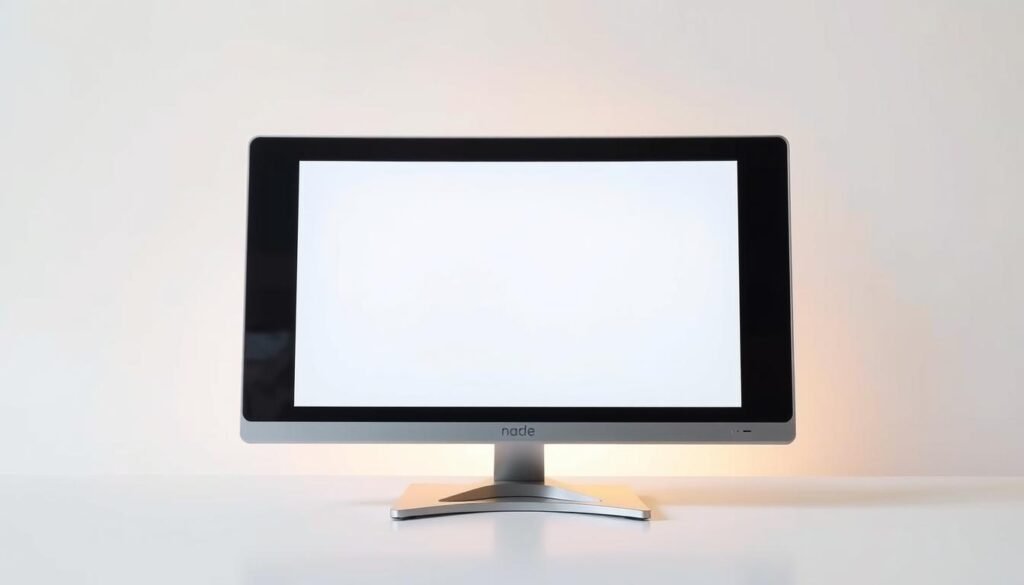 A modern, sleek video output monitor with a minimalist design, displaying a clear, high-quality image against a neutral background. The monitor has a thin, metallic bezel and a matte, non-reflective screen. The display is well-lit with a warm, natural light, creating a soft, inviting atmosphere. The monitor is positioned at a slightly angled perspective, allowing the viewer to appreciate its clean, elegant form. The overall scene conveys a sense of simplicity, functionality, and technological sophistication, suitable for showcasing the connection between an Android device and a secondary display.