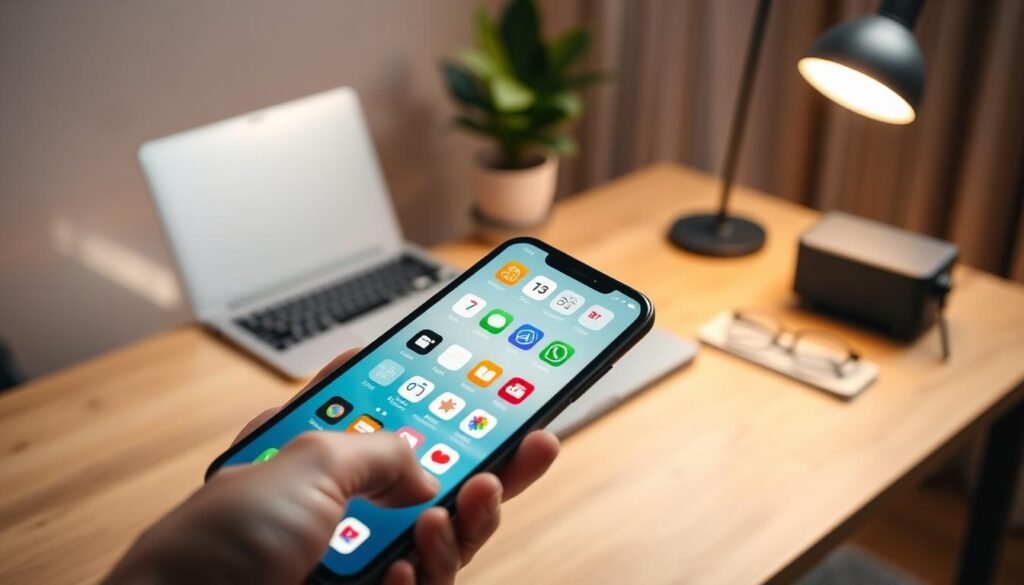 A modern smartphone displaying the latest iOS update interface with vibrant app icons, surrounded by an elegant, minimalistic workspace. In the foreground, a close-up of the phone held in a hand, showcasing a clear view of the update screen, with a soft glow highlighting the display. The middle ground features a sleek wooden desk with subtle organizational items, such as a laptop slightly ajar, a pair of reading glasses, and a potted plant enhancing the fresh feel. The background is softly blurred, hinting at a stylish room with warm ambient lighting that creates a professional yet inviting atmosphere. Focus on clarity and modernity, with a gentle interplay of light and shadow for depth.